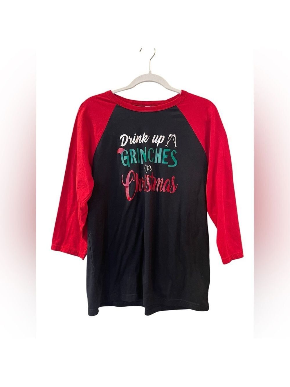 Drink Up Grinch's It’s Christmas Women’s Holiday Top Shirt Raglan Sleeve Large